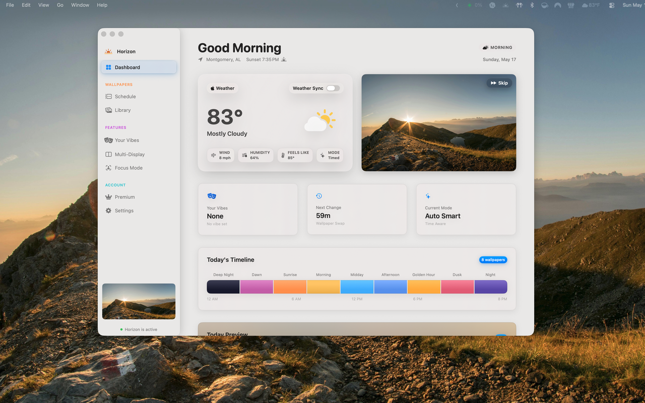 Horizon dashboard showing the current wallpaper, weather, timeline, and Today Preview.