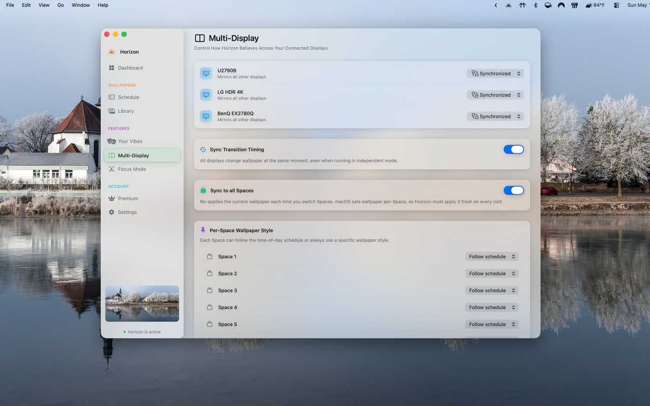 Horizon multi-display screenshot showing independent wallpaper control across Mac displays.