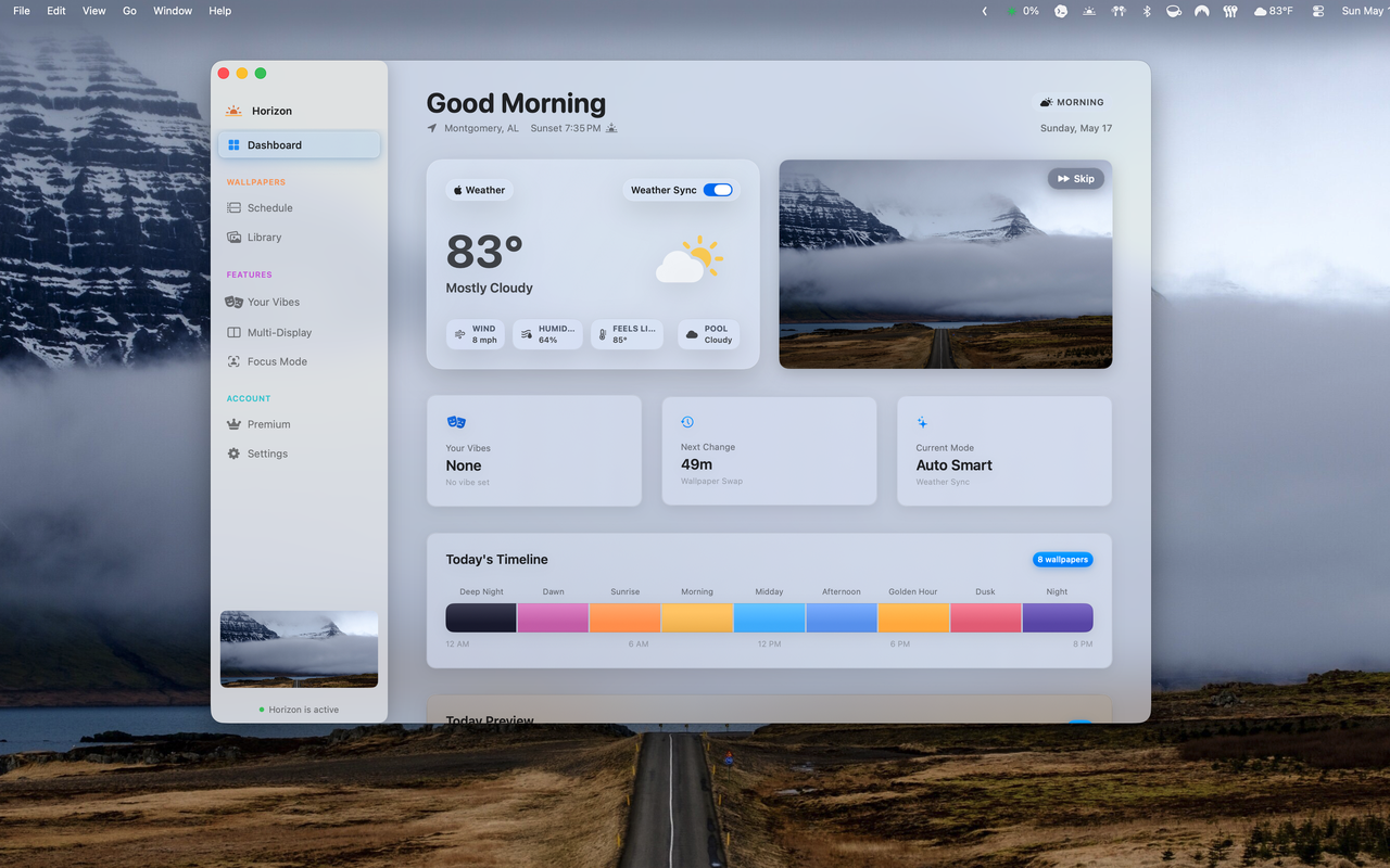 Horizon Weather Sync screen showing local weather and wallpaper matching controls.
